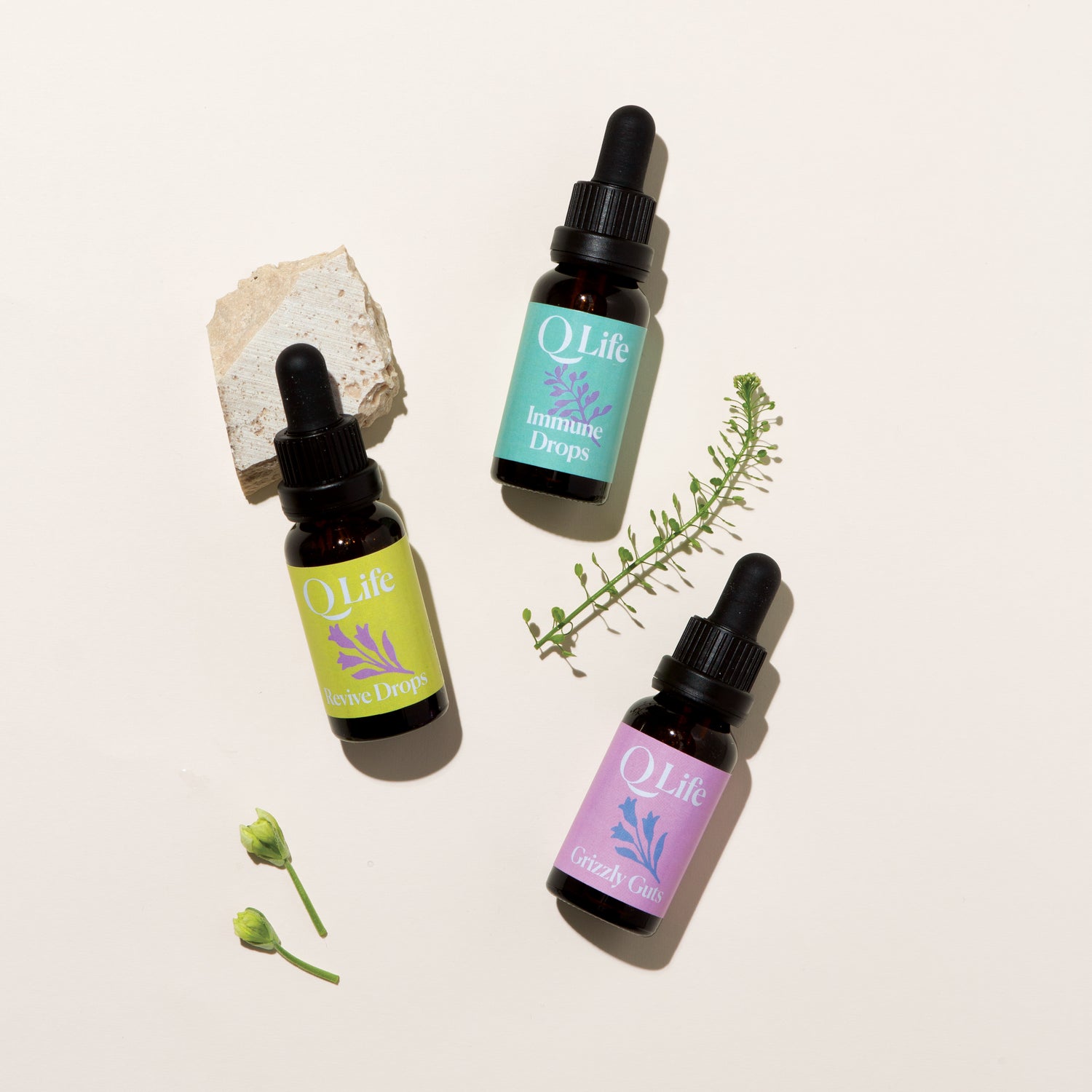 Three Q Life dropper bottles (Immune Drops, Revive Drops, and Grizzly Guts) arranged on a light background with a small rock and green plant sprigs, alongside text promoting wellbeing and calm.