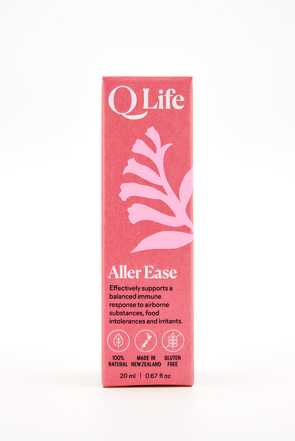 Close-up of the Q Life Aller Ease 20ml box, detailing the product benefits and ingredients.
