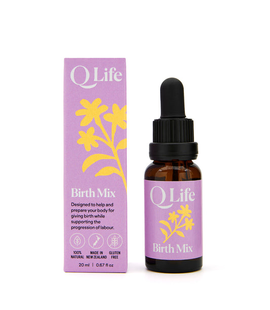 Q Life Birth Mix homeopathic drops for natural childbirth preparation.