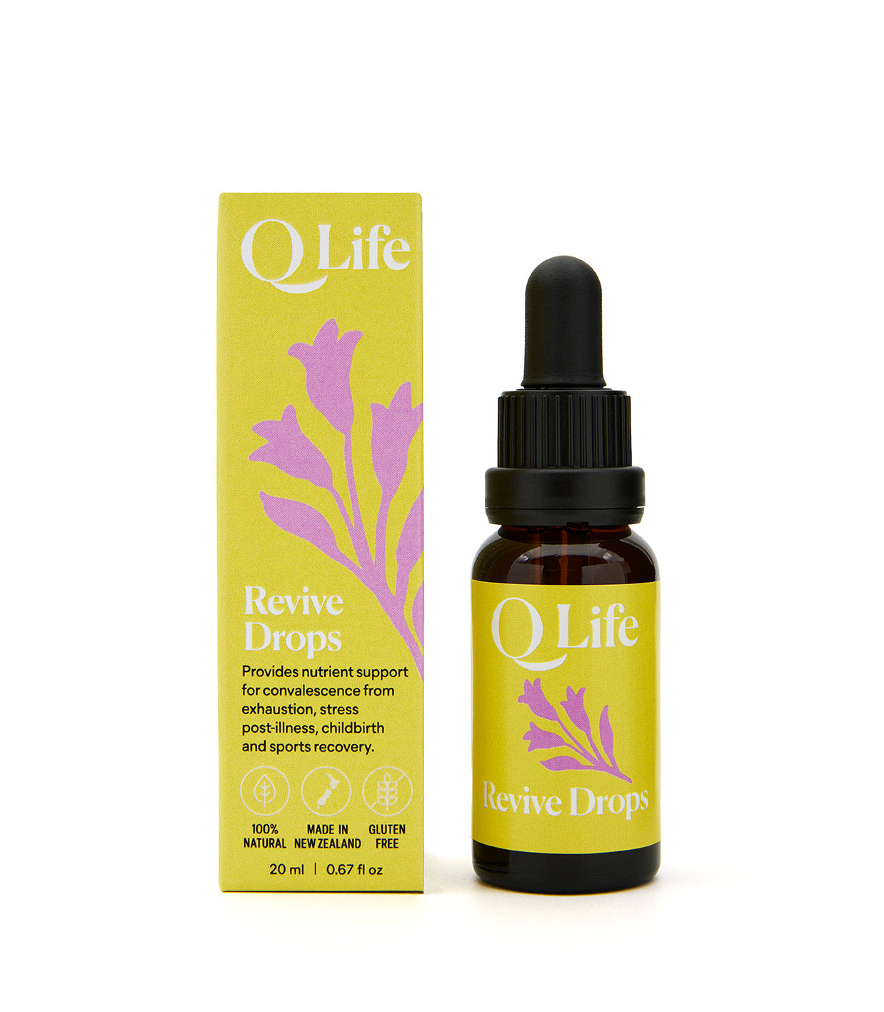 Q Life Revive Drops nutrient support for exhaustion, stress, and post-illness recovery.