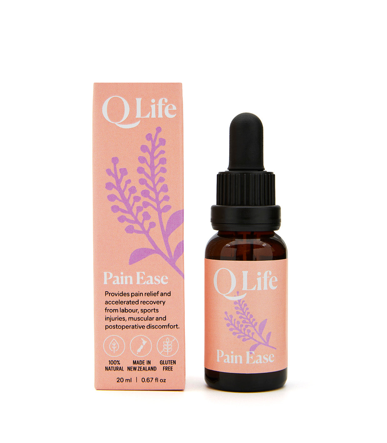 QLife Pain Ease drops for natural pain relief and tension.