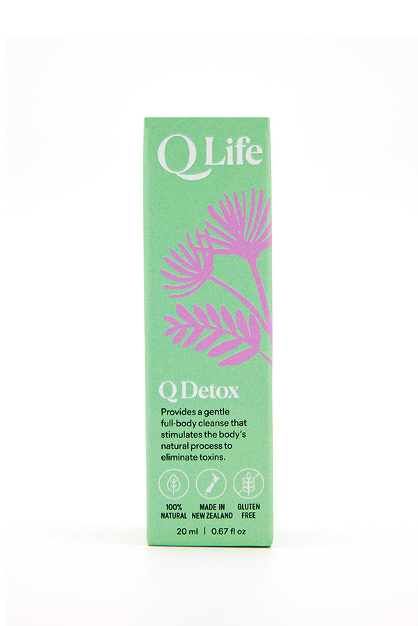 Close-up of the Q Life Q Detox 20ml box, detailing the product benefits and ingredients.