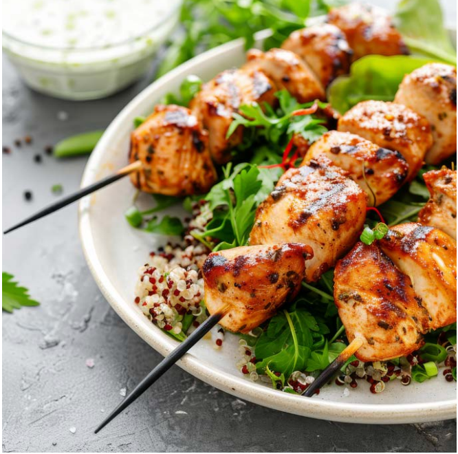 Grilled chicken skewers served on a bed of fresh greens and quinoa, garnished with herbs and accompanied by a creamy dipping sauce in the background.