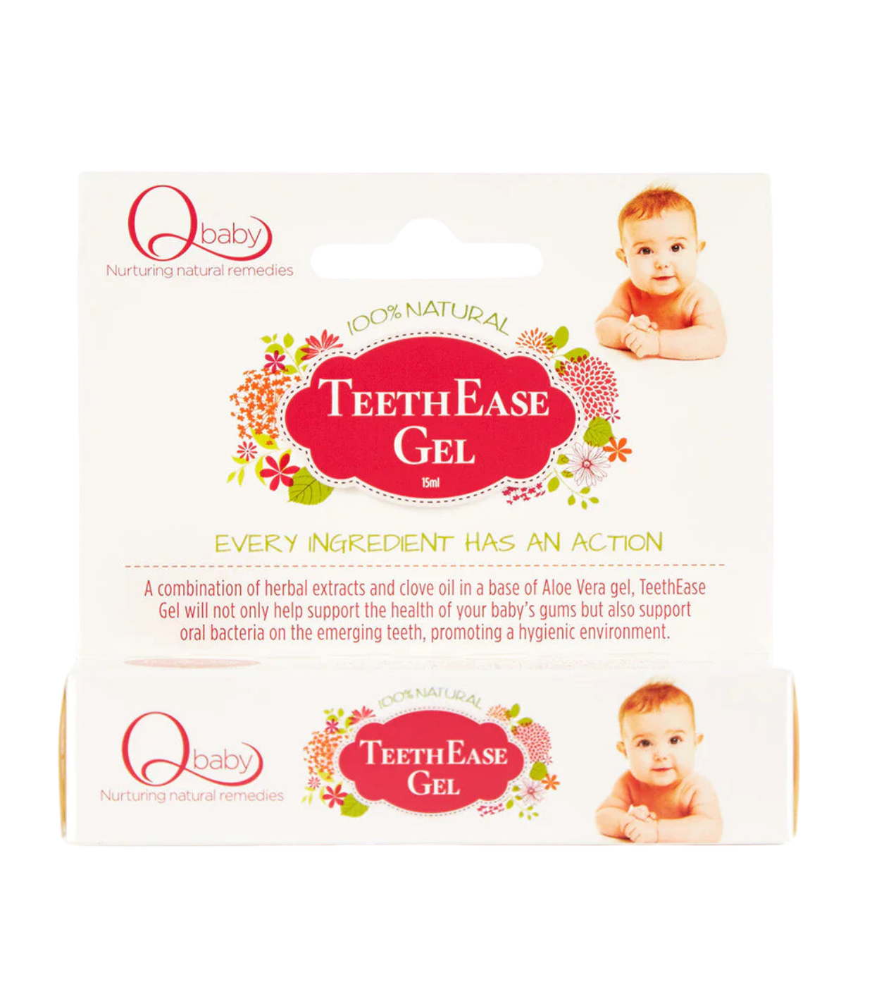 Q Life QBaby Teethease Gel, a 100% natural teething gel for soothing sore gums and emerging teeth.