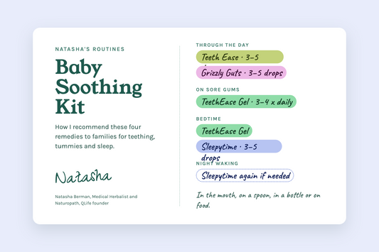 Natasha's Baby Soothing Kit routine card: Teeth Ease Drops, TeethEase Gel, Grizzly Guts and Sleepytime
