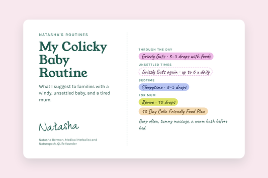 Natasha's Colicky Baby Routine card: Grizzly Guts, Sleepytime, Revive and the 10 Day Colic Friendly Food Plan