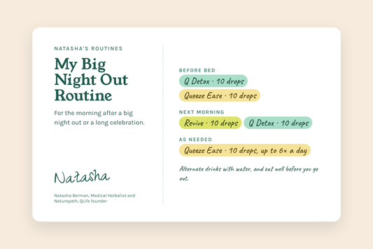 Natasha's Big Night Out Routine card: Q Detox, Queeze Ease and Revive