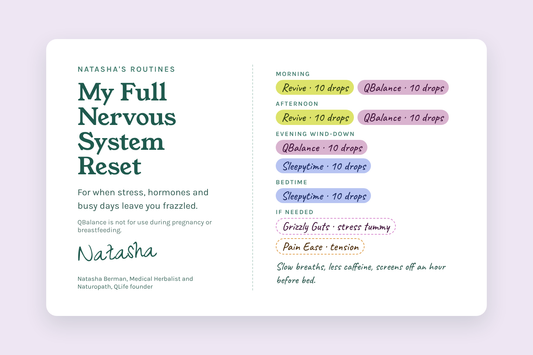 Natasha's Full Nervous System Reset card: Revive, QBalance, Sleepytime, Grizzly Guts and Pain Ease