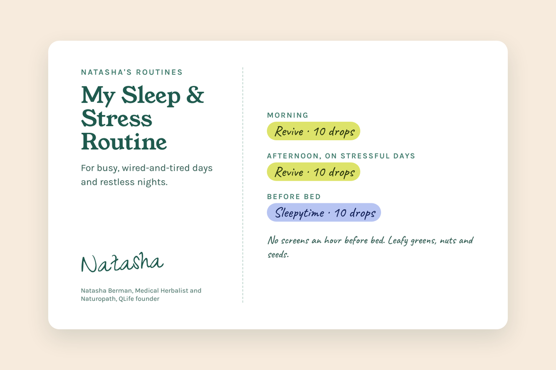 Natasha's Sleep & Stress Routine card: Revive morning and afternoon, Sleepytime before bed