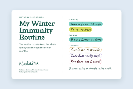 Natasha's Winter Immunity Routine card: Immune Drops, Revive Drops, Snot Drops, Tickle Ease and Feva Ease