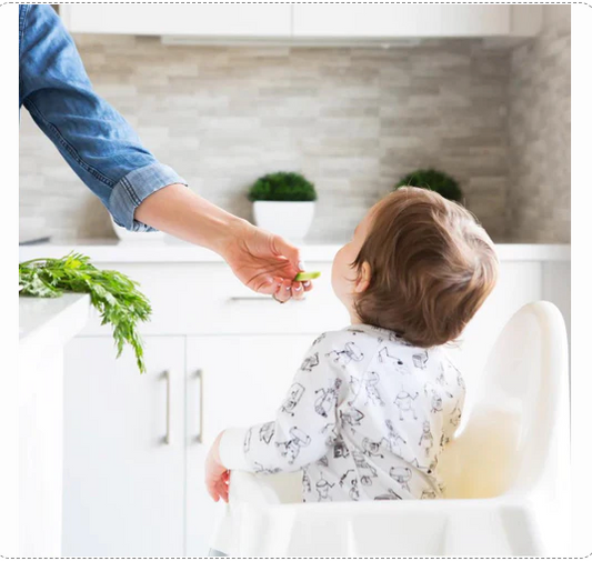 A baby in a high chair with a bowl of pureed food, illustrating an article on introducing solids and preventing food allergies in babies.
